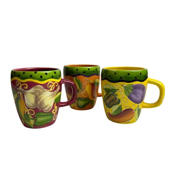 Lot of 3 Laurie GATES WARE Coffee Mugs Cups Leaves Fruit & Vegetables Set - Picture 1 of 9
